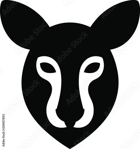 Stylized black and white depicting the head of a kangaroo or wallaby, featuring large ears and a distinct facial shape, isolated on a white background, for use in various