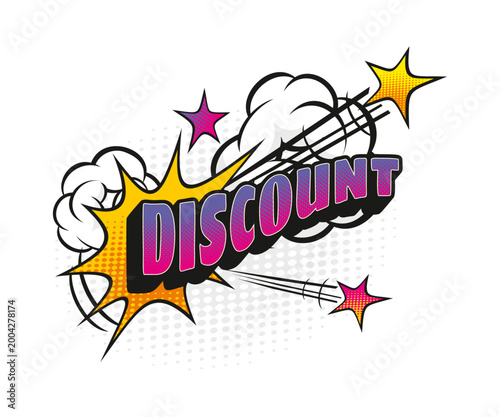 Cartoon retro discount comic speech bubble. Sale offer comic cloud pop art effect, price off expression vector label. Discount balloon sticker with purple typography, smoke cloud and boom spark