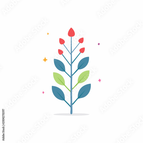 Stylized Plant with Red Buds and Blue and Green Leaves