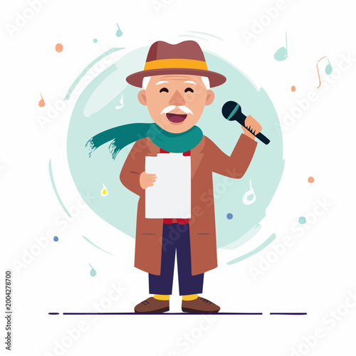 Elderly Man Singing with Microphone and Lyrics