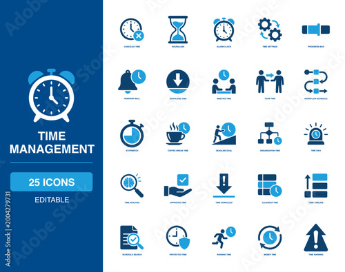 Productivity and Time Management Glyph Icon Collection Providing Hourglass Alarm Clock, Reminder Progress Bar, Meeting Workflow Schedule, Coffee Break Stopwatch, Deadline Task Timeline Search