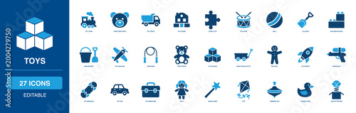 Childhood Play and Toys Solid Icon Set Showcasing Teddy Bear, Train Truck, Puzzle Building Blocks, Sand Bucket, Airplane Jump Rope, Rag Doll, Rocket Water Gun, Magic Wand Spinning Top Kite