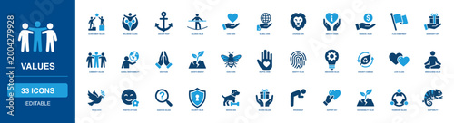 Corporate Ethics and Core Values Glyph Icon Collection Including Achievement, Anchor Trust, Care Hand, Global Responsibility, Courage Lion, Empathy, Gratitude, Integrity Compass Peace