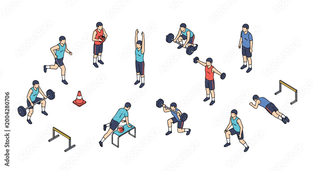Fototapeta premium Several athletic male figures engage in various physical gym training exercises like weightlifting and hurdle jumping within a clean isometric white graphic environment.
