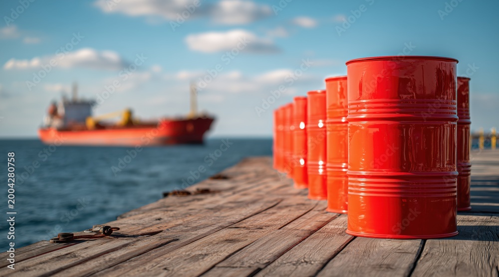 Naklejka premium Red barrels on wooden dock with cargo ship in background