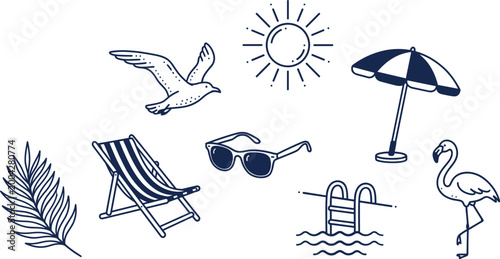 Summer and Beach Icons Set with Sun, Umbrella, Pool, Sunglasses, Flamingo, Palm Leaf, Bird, and Chair for Vacation and Vector Design