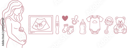 Pregnancy and Baby Care Icons Set with Mother, Ultrasound, Baby Bottle, Pacifier, Teddy, and Newborn Essentials for Vector Design