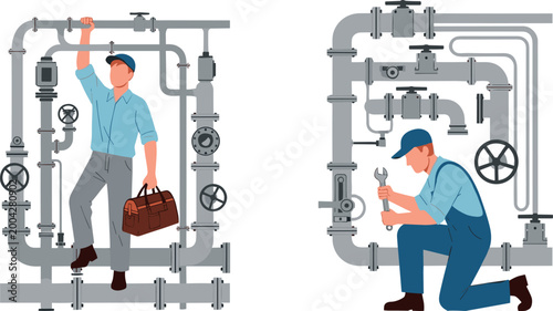 Industrial Maintenance and Worker Icons Set with Plumber, Technician, Pipes, Wrenches, and Other Engineering Tools for Vector Design