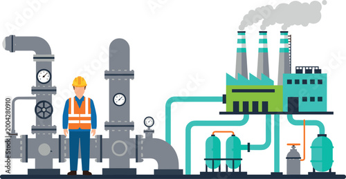 Industrial Factory and Engineering Icons Set with Worker, Pipes, Machinery, and Manufacturing Plant Elements for Vector Design
