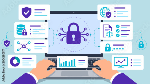 Hands using laptop with cybersecurity dashboard and data protection controls showing secure system, concept of network security, privacy and risk management