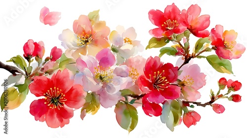 Watercolor style cherry blossom branch with pink and red flowers isolated on white background
