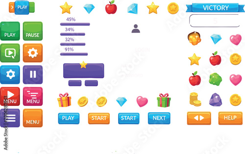 Game User Interface and Progress Icons Set with Play, Pause, Menu, Stars, Rewards, and Other Game Elements for Vector Design