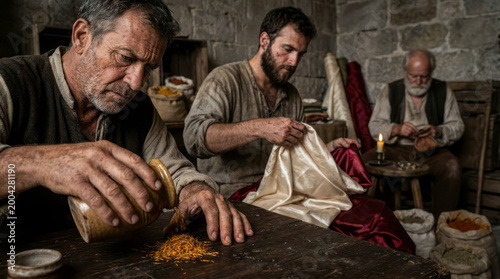 Venetian Merchants Displaying Spices and Silks in Medieval Port Warehouse