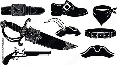 Black silhouettes of western themed accessories and including a gun, knife, boots, belts, and bandanas