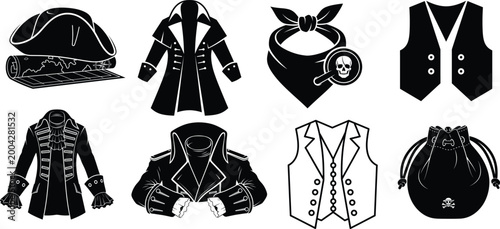 Pirate costume black and white pirate hat, coat, bandana, vest, pouch