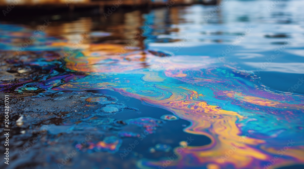 Fototapeta premium Rainbow iridescent oil slick on blue water surface