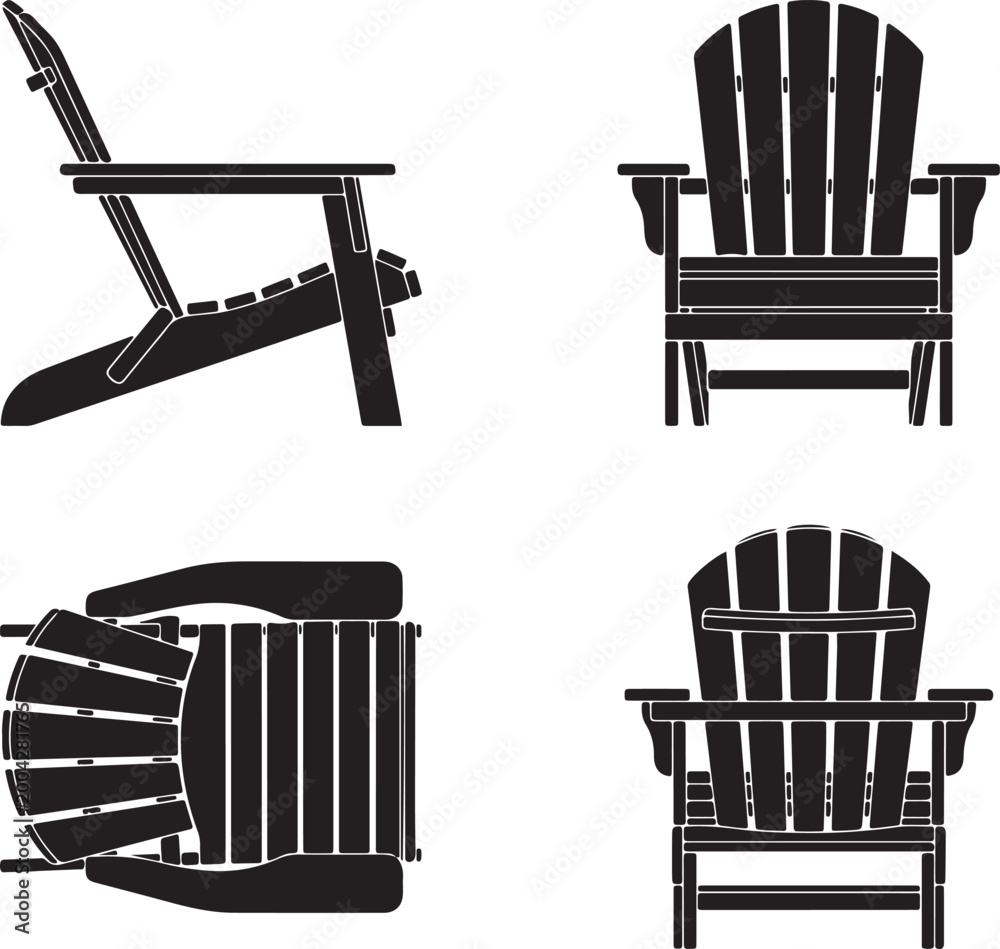 Fototapeta premium adirondack chair silhouette icons set side, front, back, and top views vector art illustration