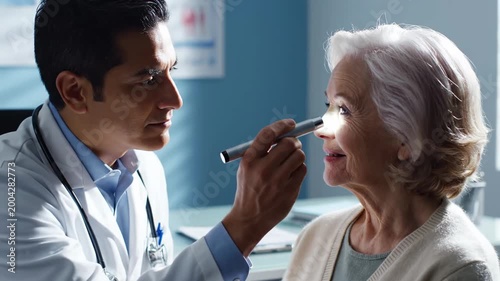 Medical Professional Examines Senior Woman's Eyesight In Doctor's Office Setting