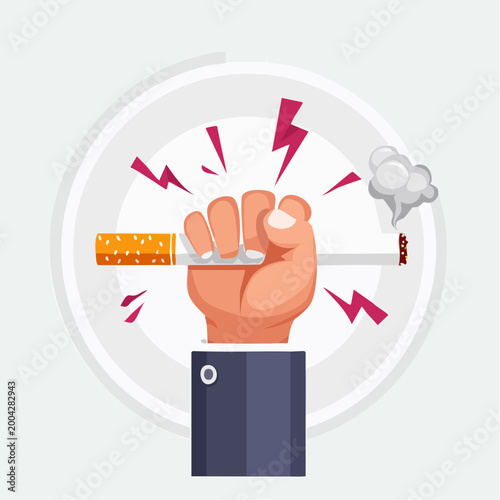 Fist crushing cigarette, symbolizing anti-smoking and willpower