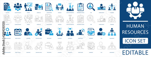 Human resources icon set. featuring recruitment, leadership, teamwork, and employee management elements in blue flat style for corporate business and workforce	
