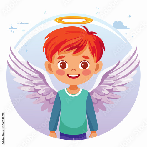 Cartoon Boy Angel with Red Hair and Wings