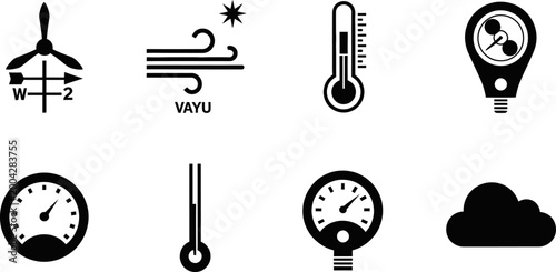 Weather and climate measurement icons showing temperature wind and barometric pressure data.