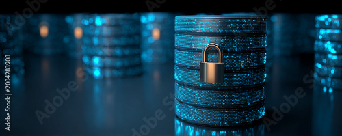 Animated database stack with lock and scanning security lines 32k ultra HD