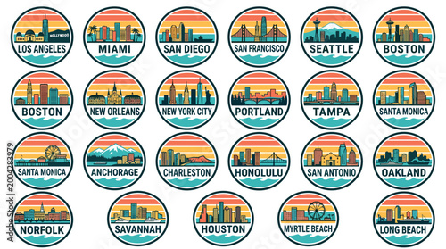 colorful USA city skyline badge icon set, retro sunset round vector logos with American cities on white background