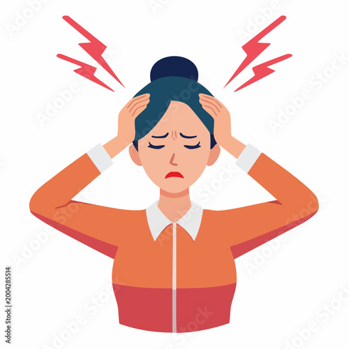 Woman suffering from headache or migraine, holding her head