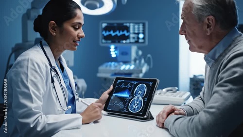 Medical Professional Explaining Brain Scan Results to Patient with Modern Technology