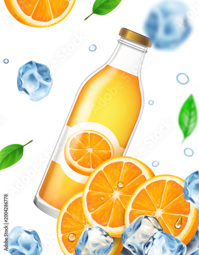 Orange juice banner. Realistic citrus fresh juicy oranges advertising poster design, summer fruit drink bottle, ice and natural juices abstract beverage product, vector illustration 