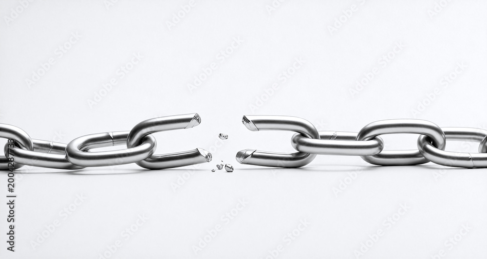 Fototapeta premium Broken metal chain links snapping under tension isolated on white background representing freedom