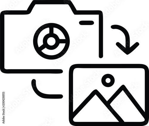camera icon with upload arrow black line art illustration on white background high quality professional detailed modern elegant stylish clean crisp