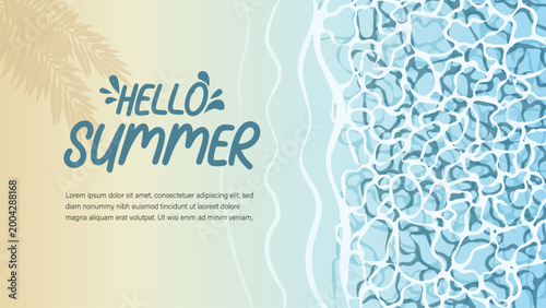 Hello Summer Typographic Web Banner with Aerial Beach View and Water Caustics.
