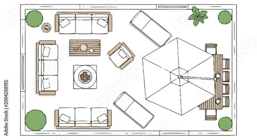 Top down perspective architectural drawing showcasing a spacious outdoor living area layout design with multiple seating arrangements lounge chairs dining table and a central fire pit for