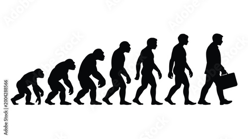 Evolution of humanity vector illustration showing progression from ape to modern man carrying briefcase
