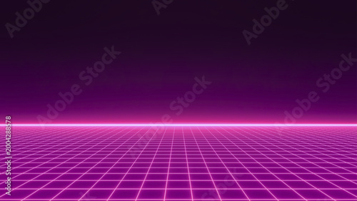 Neon pink grid background, retro futuristic landscape, purple gradient, cyberpunk aesthetic, vector design element