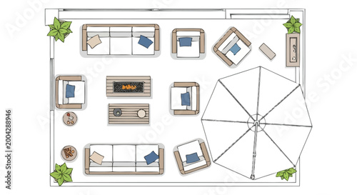Top view arrangement of comfortable outdoor furniture and decorative plants creating a luxurious patio oasis perfect for relaxation and entertaining guests throughout warm sunny days and cool