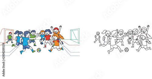 Children Playing Soccer Illustration with Colored and Black and White Line Art Versions for Coloring Book, Kids Playing Football Outdoors Vector Graphic Set for Sports and Activity