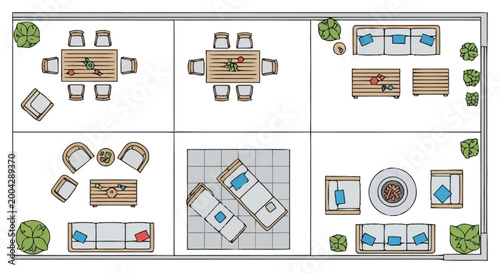Overhead aerial view of furnished outdoor patio spaces showcasing separate seating and dining areas with lush green trees providing shade and natural beauty for relaxation and gathering purposes