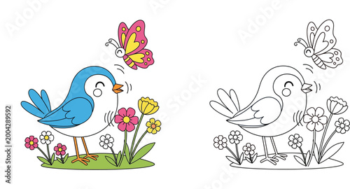 Cute Cartoon Bird and Butterfly in a Colorful Flower Garden