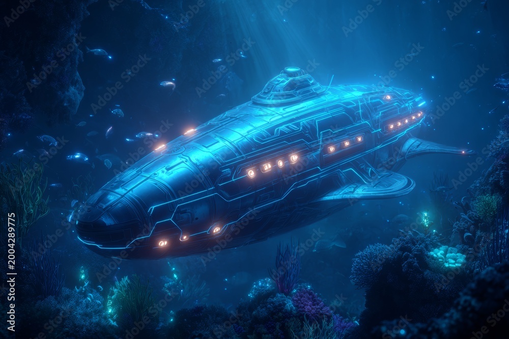 Fototapeta premium Futuristic Submarine Explores Deep Sea With Glowing Lights and Bioluminescent Creatures in Sci-Fi Environment