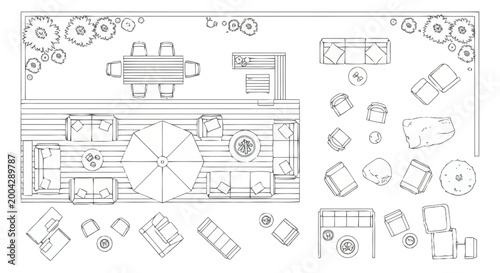 Architectural Plan Depicting an Outdoor Living Space Design With Furniture Arrangement For Relaxation And Entertainment Possibilities And Greenery Elements Including Trees And Plants For A