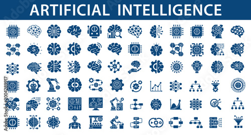 Artificial Intelligence Solid Icon Set, AI Technology and Machine Learning Icons for Automation, Neural Network, Data Processing and Smart System Interface, Robotics and Digital Innovation UI UX Icons