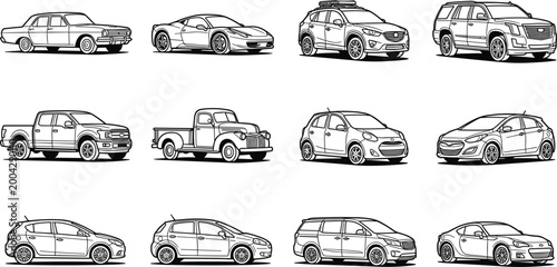 Various car models collection with sedan sports car suv pickup truck hatchback and minivan detailed vector outline illustration set