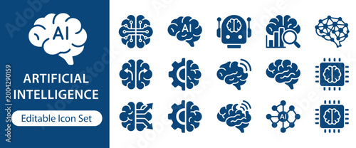 Artificial Intelligence Solid Icon Set, Machine Learning and AI Technology Icons for Neural Networks, Automation, Data Processing, Smart Systems and Digital Innovation UI UX Interface
