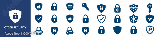 Cyber Security Solid Icon Set, Data Protection and Network Security Icons for Privacy, Encryption, Firewall, Secure Access, Digital Safety and Information Protection UI UX Interface Elements