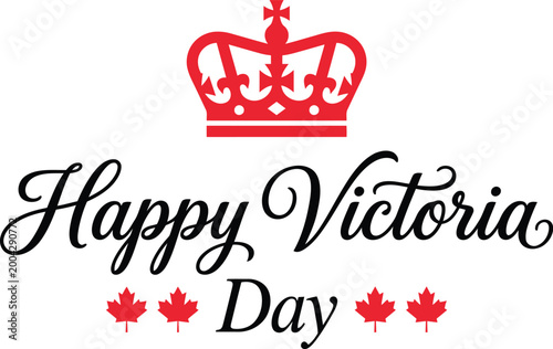 Happy Victoria Day greeting card design with red crown and maple leaf icons in a minimalist vector illustration graphic format