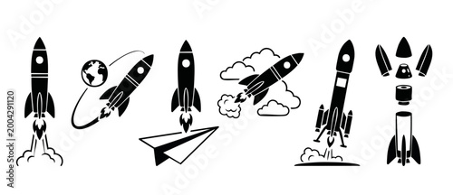 Foto Rocket Ship Icon Set, Black Silhouette Spaceship Launching Symbols for Space Exp