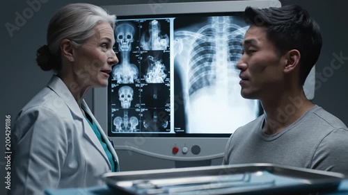 Medical Professional Explains X-Ray Results To Patient For Health Diagnosis
